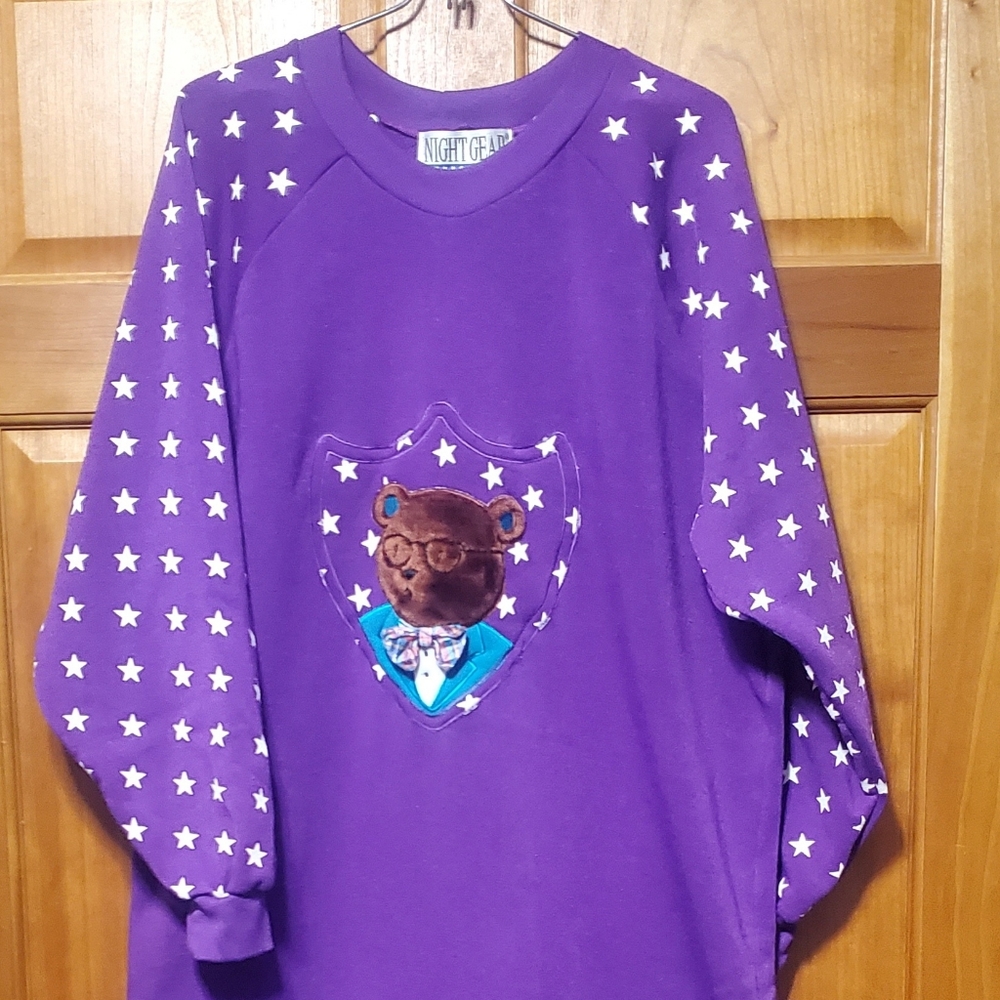 Warm Snuggly Fuzzy Bear w/stars Purple Long Pajama Night Gown long sleeve